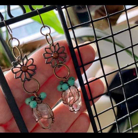 Quartz & Turquoise Brass Flower Earrings - Picture 6 of 13